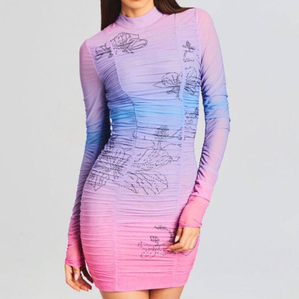 NEW Rococo Sand Blake Short Pink Purple Ombre Floral Rhinestone Bodycon Dress XS